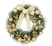 Gukasxi 15.7 Inch Christmas Wreath for Front Door, Artificial Christmas Hanging Wreath Garland with Gold Xmas Ball Berries and Bow, Merry Christmas Wreath Xmas Indoor Outdoor Home Decorative Wreath