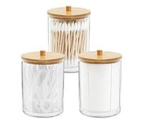 Gukasxi 3 Pack Acrylic Qtip Holder with Bamboo Lids Bathroom Canisters Jars Dispenser Cotton Swab Balls Pads Holder for Bathroom Storage Organizer