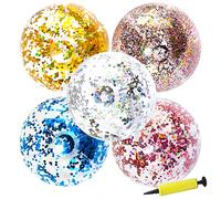 Gukasxi 5 Pcs 16 Inch Inflatable Glitter Beach Ball, Confetti Beach Balls Transparent Sequin Beach Balls Swimming Pool Balls for Adult Kids Summer Pool Party Toys with Inflator Summer Beach Favor