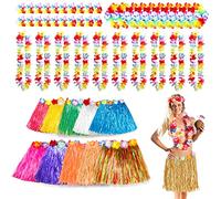 Gukasxi 50 Pcs Hawaiian Hula Grass Skirt and Hawaiian Garlands Set, 10 Pcs Hawaiian Grass Skirt, 10 Pcs Hawaiian Leis, 10 Luau Flower Necklace and 20 Pcs Tropical Bracelet, Hawaiian Luau Party Favors