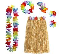 Gukasxi 6Pcs Hula Skirt Costume Hawaiian Fancy Dress with Grass Skirt, Hawaii Leis, Hibiscus Hair Clip, Hawaiian Costume Set for Women Summer Beach Tropical Party Decoration