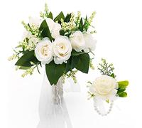 Gukasxi Bridal Bouquet and Wrist Flower, Artificial Rose Flower Wedding Bouquets, Romantic Wedding Bouquets For Bride Bridesmaid, Fake Faux Silk Rose Holding Flowers, Wedding Decoration Bouquets