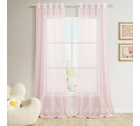 Guken Grommet Pom Pom Sheer Curtains 108 Inch Length 2 Panels for Living Dining Room Textured Curtain for Bedroom Light Filtering Semi Sheer Voile Boho Farmhouse Curtain Panels,Pink,W52xL108