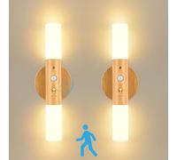 GuKKK Indoor Wall Light, Pack of 2, USB Rechargeable Wall Light, Wood, Indoor with Motion Sensor, Induction, Battery LED Wall Lamp, Warm White, Wireless LED Wall Lights, Indoor with Switch for
