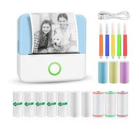 GuKKK Mini Printer, Mobile Photo Printer, Portable, Wireless Thermal Printer, with 13 Rolls of Printer Paper and 5 Colouring Pencils, Smartphone Bluetooth, for List, Journal