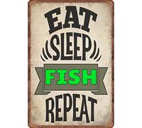 Guktmcet Tin Signs Vintage Eat Sleep Fish Repeat Fisherman Gift Fishing Lover Funny Vintage Tin Sign Wall Decor Vintage Design Home Bedroom Wall Decor Gift 8x12 Inches