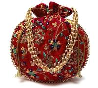 GULAAL ART Indian Handmade Flower Embroidered Maroon Color Cotton Potli Bag Clutch Purse Pouch Drawstring Bag For Women's Wedding Gift, Maroon Flower