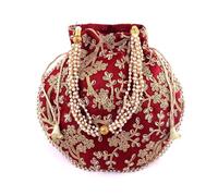 GULAAL ART Indian Handmade Flower Embroidered Maroon Cotton Potli Bag Clutch Purse Pouch Drawstring Bag For Women's Wedding Gift, Maroon-gold