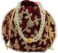 GULAAL ART Indian Handmade Flower Embroidered Maroon Valvate Potli Bag Clutch Purse Pouch Drawstring Bag For Women's Wedding Gift