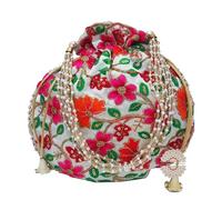 GULAAL ART Indian Handmade Flower Embroidered Multi Color Cotton Potli Bag Clutch Purse Pouch Drawstring Bag For Women's Wedding Gift, Multicolor-2