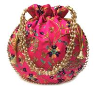 GULAAL ART Indian Handmade Flower Embroidered Pink Cotton Potli Bag Clutch Purse Pouch Drawstring Bag For Women's Wedding Gift, Pink Flower