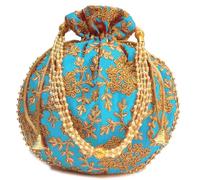 GULAAL ART Indian Handmade Flower Embroidered Turquoise & Gold Color Cotton Potli Bag Clutch Purse Pouch Drawstring Bag For Women's Wedding Gift, Turquoise-gold