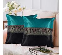 GULAAL ART Teal Blue & Black Indian Soft Silky Satin Cushion Covers Square Throw Decorative Pillowcases for Couch Sofa Home Decor Ethnic Pillow Covers 18X18