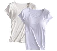 GULASISI 2pc T-Shirt with Built-in Bra for Women UK Workout Yoga Tops Short Sleeve Padded Bras Soft Pajama Plus Size Athletic Home Shirts