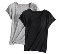 GULASISI 2pc T-Shirt with Built-in Bra for Women UK Workout Yoga Tops Short Sleeve Padded Bras Soft Pajama Plus Size Athletic Home Shirts