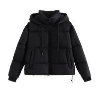 GULASISI Cropped Puffer Jacket for Women Baggy Hooded Puffy Cotton-Padded Clothes Winter Thicken Thermal Warm Short Down Coats/UK Size/Ladies Winter Clothes Sale Clearance/Shipping 7 Days Black