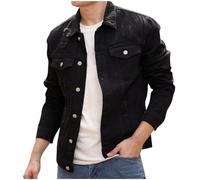 GULASISI Denim Jean Jacket Men Turndown Collar Ripped Button Down Loose Denim Jacket Coats Solid Color Fashion Outerwear with Multiple Pockets Black