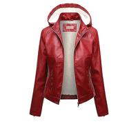 GULASISI Fuzzy Fleece Lined Leather Jacket for Women Faux Shearling Plush Thermal Bomber Jacket Winter Hooded Padded Warm Coat/UK Size/Ladies Winter Clothes Red