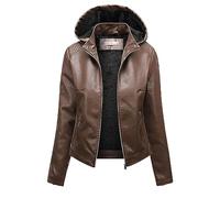 GULASISI Fuzzy Fleece Lined Leather Jacket for Women Faux Shearling Plush Thermal Bomber Jacket Winter Hooded Padded Warm Coat/UK Size/Ladies Winter Clothes Coffee