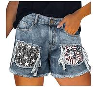 GULASISI Jean Shorts Womens Fashion Patchwork Fringe Mini Denim Shorts High Waist Raw Hem Terry Shorts Bermuda Cowgirl Shorts Light Blue