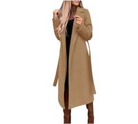 GULASISI Long Maxi Coats for Women UK Lapel Open Front Wool Blend Long Pea Coat with Belt Ladies Elegant Outdoor Long Line Overcoat Khaki
