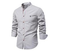 GULASISI Men's Cotton Shirts Long Sleeved Stand-Up Collar Button Down Oxford Shirt Casual Plain Smart Shirt Work Business Formal Shirts Gray