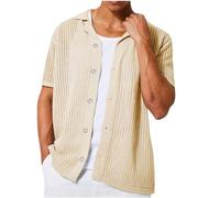 GULASISI Mens Crochet Knitted Short Sleeve Shirt Loose Fit Lapel Collar Button Down Shirts Summer Casual Beach Holiday Vacation T-Shirt Beige