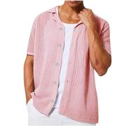 GULASISI Mens Crochet Knitted Short Sleeve Shirt Loose Fit Lapel Collar Button Down Shirts Summer Casual Beach Holiday Vacation T-Shirt Pink