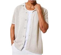 GULASISI Mens Crochet Knitted Short Sleeve Shirt Loose Fit Lapel Collar Button Down Shirts Summer Casual Beach Holiday Vacation T-Shirt White