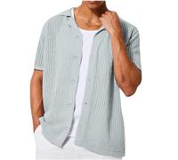 GULASISI Mens Crochet Knitted Short Sleeve Shirt Loose Fit Lapel Collar Button Down Shirts Summer Casual Beach Holiday Vacation T-Shirt Gray