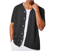 GULASISI Mens Crochet Knitted Short Sleeve Shirt Loose Fit Lapel Collar Button Down Shirts Summer Casual Beach Holiday Vacation T-Shirt Black