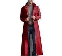GULASISI Mens Long Trench Leather Coat Jackets Windbreaker Steampunk Gothic Jacket Lapel Button Slim Warm Full Length Leather Coat Wine