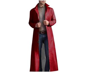 GULASISI Mens Long Trench Leather Coat Jackets Windbreaker Steampunk Gothic Jacket Lapel Button Slim Warm Full Length Leather Coat Wine