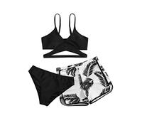 GULASISI Women's Bikini Set 3 Pieces Swimsuit Leaf Printed High Waist Swimming Costume Deep V Neck Swimsuit Bathing Suit with Swim Shorts Black