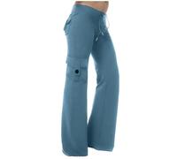 GULASISI Womens Elasticated Yoga Leggings Tummy Control Pants Wide Leg Flare Cargo Trousers Slim Fit Full Length Trousers with Pockets Light Blue