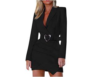 GULASISI Women's Long Sleeve Suit Dress Jackets Deep V Neck Lapel Collar Slim Fit Blazer Dress Work Office Business Slim Midi Dress Black