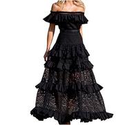 GULASISI Women's Off Shoulder Lace Maxi Dress Tiered Ruffle Hollow Out Empire Waist Elegant Dress Boho Wedding Guest Evening Dress Black