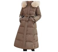 GULASISI Women's Winter Long Down Jacket Coat with Belt Warm Puffy Outerwear Jackets with Fur Hood Quilted Thickened Parka Padding Coat Coffee