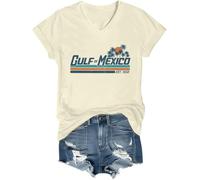 Gulf of Mexico Shirt V-Neck, Coastal Beach Tee, Mexico Gulf Design, Beach Themed Shirt V-Neck (Creamy Yellow,M)