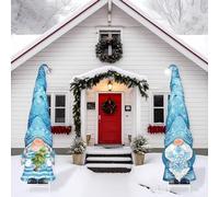 Gulfmew 2 Pcs Large Winter Gnome Yard Decor Blue Christmas Outdoor Sign with Stakes 37 x 13 Inch Xmas Holiday Large Gnome Santa Yard Sign for Winter Home Farmhouse Pathway Walkway Decoration