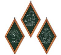 Gulfmew 3 Pcs Mushroom Art Wall Decor 70s Home Vintage Aesthetic Boho Farmhouse Whimsical Home Decor Wood Diamond Frame Flower Hanging Wall Frame for Apartment Bedroom Office(Dark Green, Mushroom)