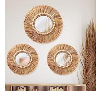 Gulfmew Rustic Raffia Round Mirror with Wooden Beads for Wall Decor Bedroom Living Room Bathroom Decor Set of 3 40cm 30cm