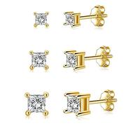 GULICX 3 Pairs Sliver 14K Gold Stud Earrings Set for Women Men, Hypoallergenic Square Cubic Zirconia Simulated Diamond Unisex Cartilage Small Tiny Sleeper Silver Studs Earrings for Girls, Size:2/3/4mm
