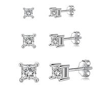 GULICX 3 Pairs Sliver Stud Earrings Set for Women Men Grils, Hypoallergenic Silver White Gold Plated Square Cubic Zirconia Simulated Diamond Unisex Cartilage Small Sleeper Studs Earrings, Size:2/3/4mm