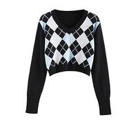 GuliriFe Argyle Plaid Y2k Pullover Women's Vintage Autumn Aesthetics Mid Year Preppy Winter Crew Neck Knitted Jumper Knitwear Cuteandpsycho - Blue - L