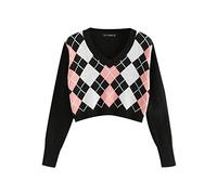 GuliriFe Argyle Plaid Y2k Pullover Women's Vintage Autumn Aesthetics Mid Year Preppy Winter Crew Neck Knitted Jumper Knitwear Cuteandpsycho - Pink - L