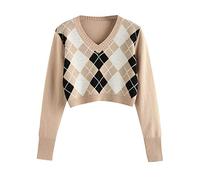 GuliriFe Argyle Plaid Y2k Pullover Women's Vintage Autumn Aesthetics Mid Year Preppy Winter Crew Neck Knitted Jumper Knitwear Cuteandpsycho - Green - S