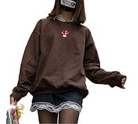 GuliriFe Women's Mushroom Embroidery Pullover Sweatshirt Y2K Long Sleeve Pullover Tunic Casual Crew Neck Hoodie Tops 90S Streetwear, brown, M