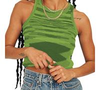 GuliriFe Women's Rib Tank Tops Sleeveless Racerback Knitted Crop Tank Tops Y2K Tie Dye Vest Tops for Sports Yoga - Green - XL