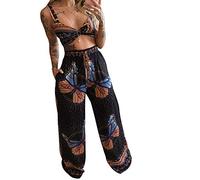 GuliriFei Women Boho Outfits Bohemian Butterfly Floral Print Wide Leg Long Pants + Crop Top 2Pcs Set Casual Loose Beach Streetwear (Black Butterfly, M)